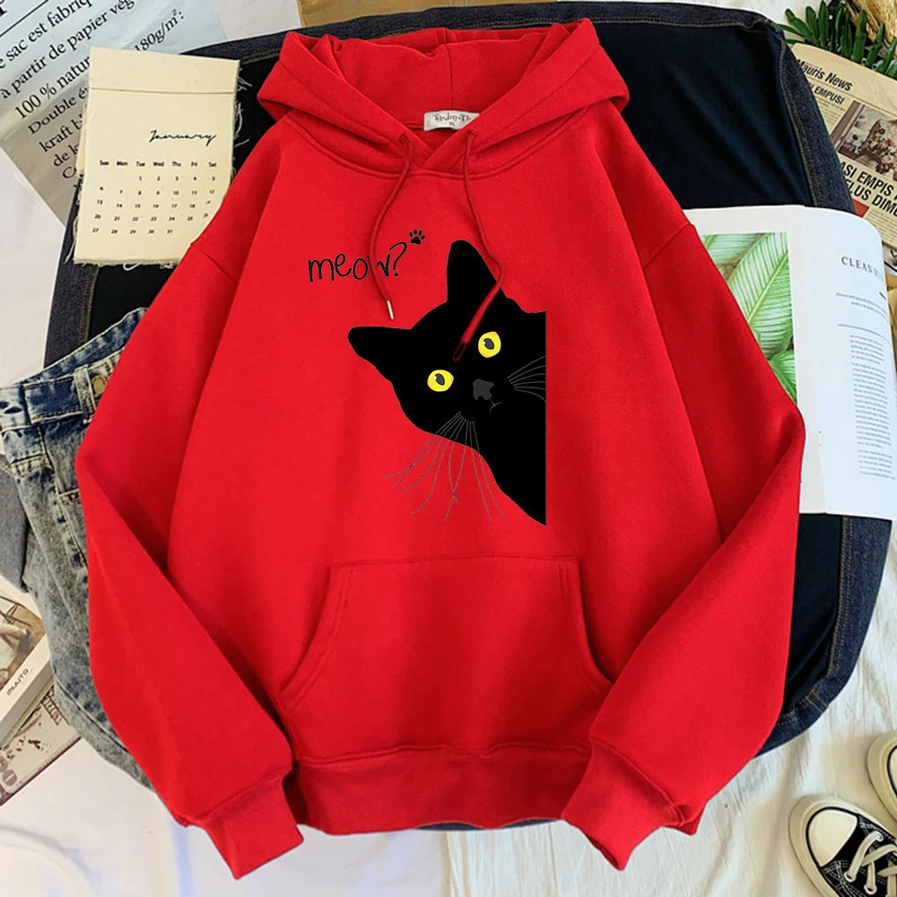 Moletom com Capô Gato Preto Grande Estilo Personalidade, Moletom Feminino Streetwear, Aconchegante para Inverno e Outono