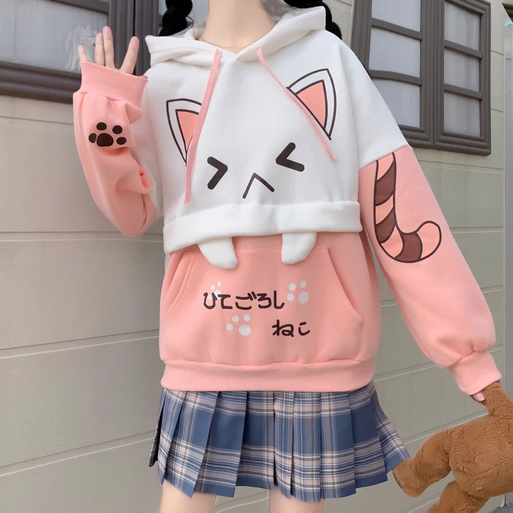 Moletom Harajuku Kawaii - Anime com Estampa de Gato, Manga Longa, Algodão e Fleece, Térmico e Aconchegante para o Inverno, Estilo Y2K para Meninas