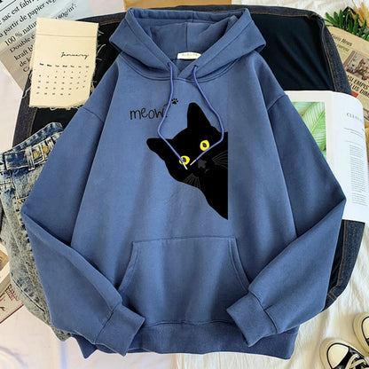 Moletom com Capô Gato Preto Grande Estilo Personalidade, Moletom Feminino Streetwear, Aconchegante para Inverno e Outono