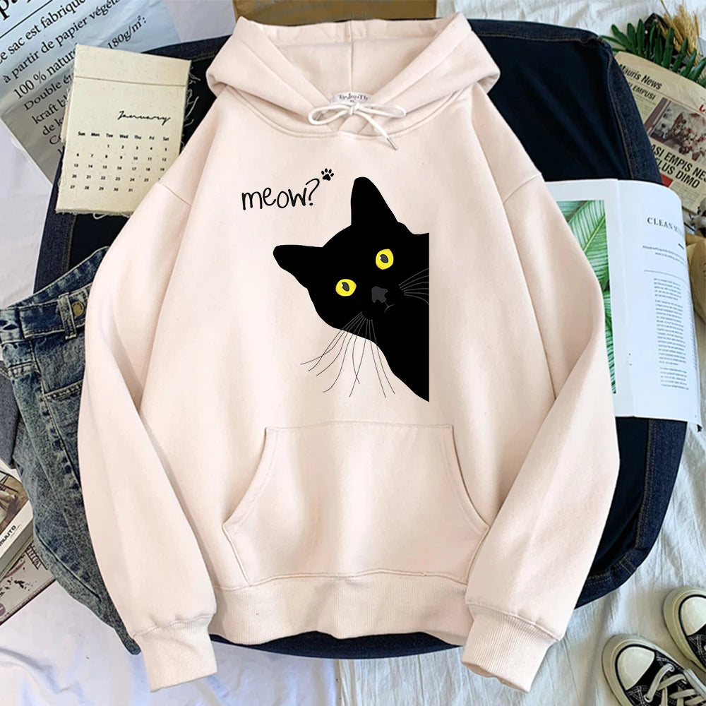 Moletom com Capô Gato Preto Grande Estilo Personalidade, Moletom Feminino Streetwear, Aconchegante para Inverno e Outono