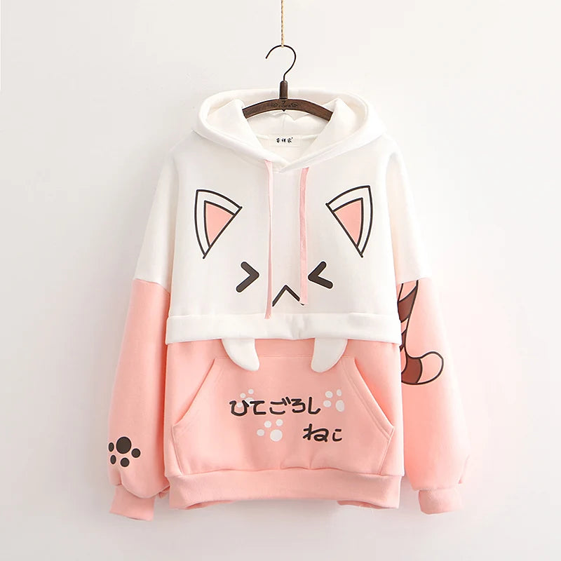 Moletom Harajuku Kawaii - Anime com Estampa de Gato, Manga Longa, Algodão e Fleece, Térmico e Aconchegante para o Inverno, Estilo Y2K para Meninas