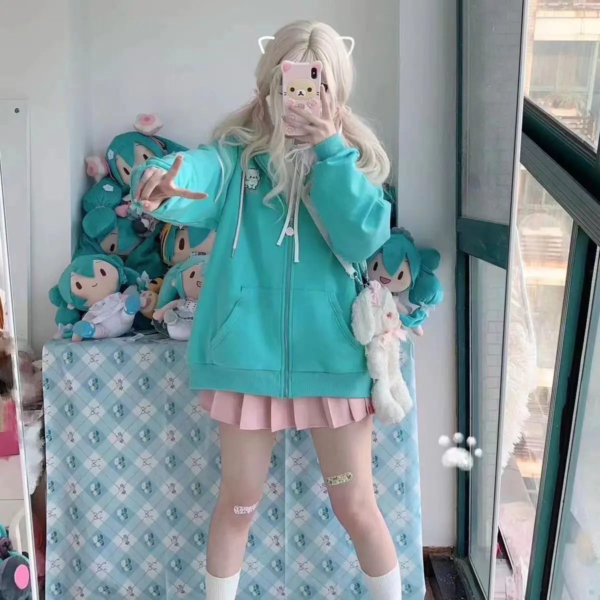 HOUZHOU Harajuku Kawaii Estilo Y2k Moletins Mulheres 2023 Estilo Japonês Com Orelhas de Gato Zíper Oversized Sweatshirts Jaqueta com Capô