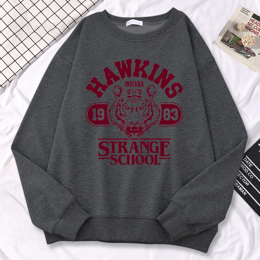 Moletom Casual Feminino Hawkins High School Indiana 1983 Impressão, Hoodies Soltos, Pulôveres com Gola Redonda, Roupas Quentes de Fleecy