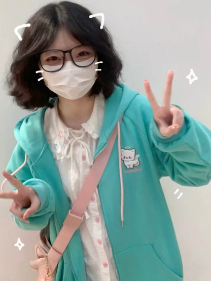 HOUZHOU Harajuku Kawaii Estilo Y2k Moletins Mulheres 2023 Estilo Japonês Com Orelhas de Gato Zíper Oversized Sweatshirts Jaqueta com Capô