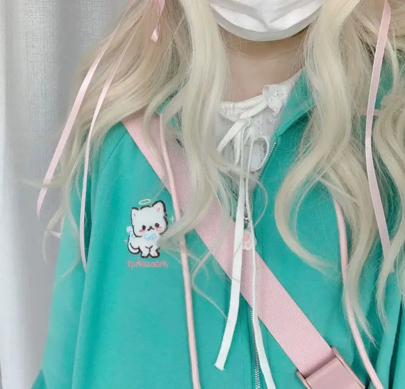 HOUZHOU Harajuku Kawaii Estilo Y2k Moletins Mulheres 2023 Estilo Japonês Com Orelhas de Gato Zíper Oversized Sweatshirts Jaqueta com Capô