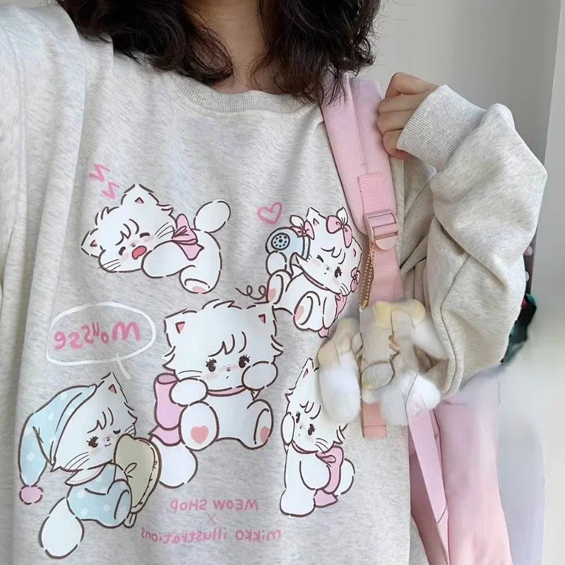 Outono Doce Y2k Estético Moletons Soltos para Mulheres, Estampa de Cartoons Kawaii, Suéteres Casuais Japoneses Harajuku Pullover Sudaderas