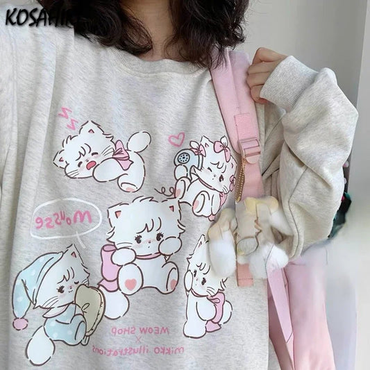 Outono Doce Y2k Estético Moletons Soltos para Mulheres, Estampa de Cartoons Kawaii, Suéteres Casuais Japoneses Harajuku Pullover Sudaderas