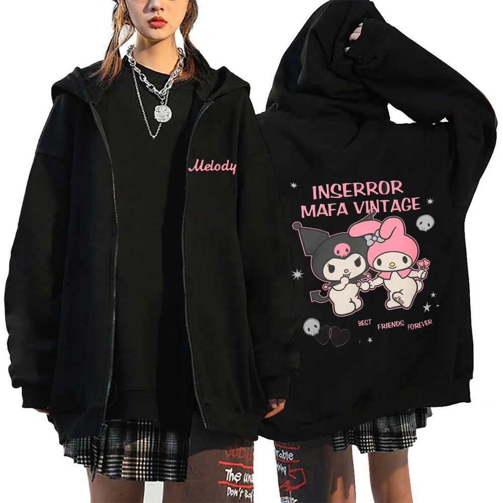 Moletom Feminino com Zíper, Estilo Kawaii Hello Kitty, Outono e Inverno 2024, Streetwear