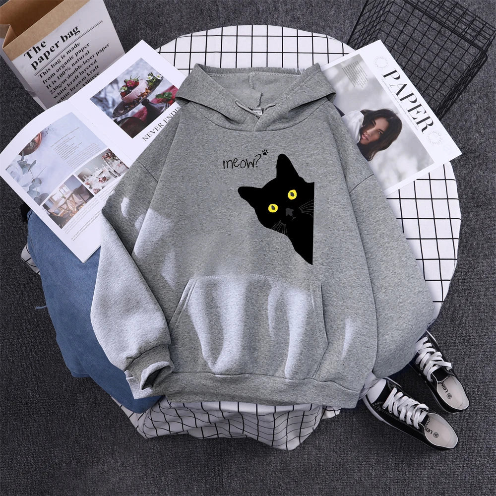 Moletom com Capô Gato Preto Grande Estilo Personalidade, Moletom Feminino Streetwear, Aconchegante para Inverno e Outono