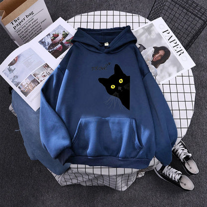 Moletom com Capô Gato Preto Grande Estilo Personalidade, Moletom Feminino Streetwear, Aconchegante para Inverno e Outono