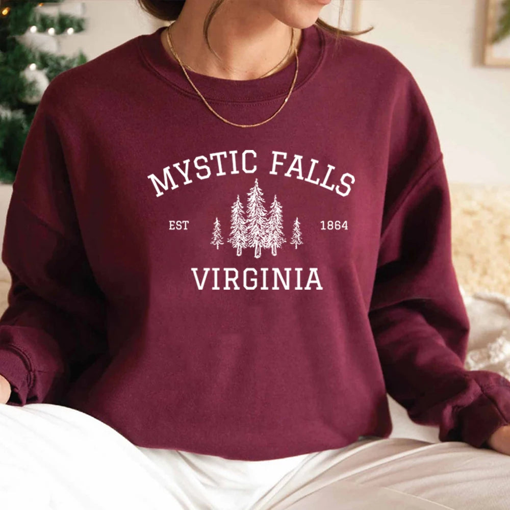 Moletom Unisex Mystic Falls Virginia - Sweatshirt Fan de Vampire, Estilo Salvatore Brothers, Manga Longa, Casual e Confortável