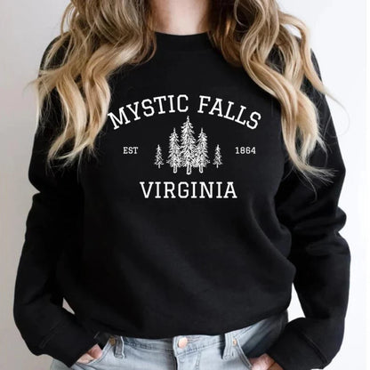 Moletom Unisex Mystic Falls Virginia - Sweatshirt Fan de Vampire, Estilo Salvatore Brothers, Manga Longa, Casual e Confortável