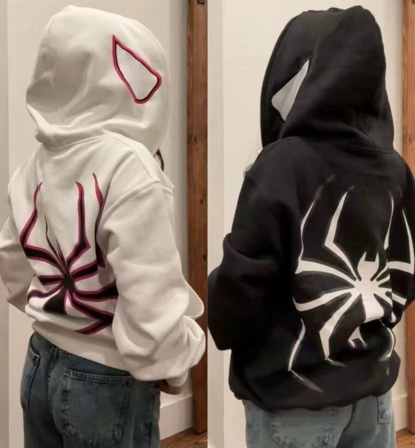 Moletom Y2K Masculino com Estampa de Aranha - Jaqueta Casual com Capô, Zíper, Manga Longa e Estilo Harajuku