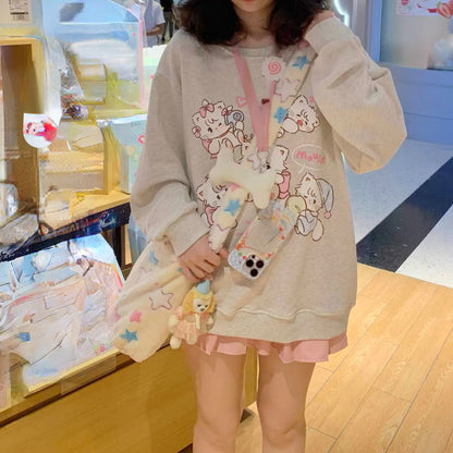 Outono Doce Y2k Estético Moletons Soltos para Mulheres, Estampa de Cartoons Kawaii, Suéteres Casuais Japoneses Harajuku Pullover Sudaderas