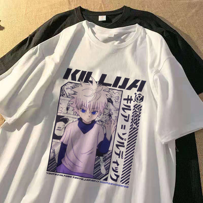 Camiseta Estilo Kawaii Hunter para Meninos e Meninas, T-shirt Killua, Gola Careca, Modelagem Confortável, Camiseta Anime Oversized Manga Curta