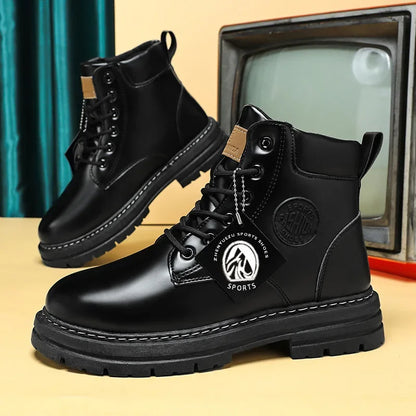 Botas Masculinas de Moda, Botas de Motocicleta Impermeáveis, Botas de Couro para o Inverno, Botas Plataforma de Amarrar, Novas Botas de Cano Alto para Homens.