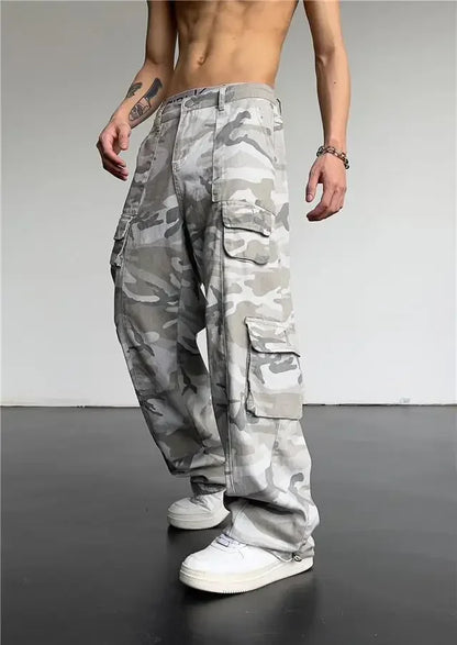 Calças Masculinas Cargo Camo Camufladas, Calças Masculinas Retas com Múltiplos Bolsos, Designer Hip Hop Street, Tendência Popular.