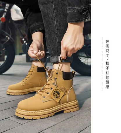 Botas Masculinas de Moda, Botas de Motocicleta Impermeáveis, Botas de Couro para o Inverno, Botas Plataforma de Amarrar, Novas Botas de Cano Alto para Homens.