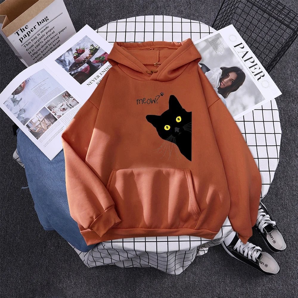 Moletom com Capô Gato Preto Grande Estilo Personalidade, Moletom Feminino Streetwear, Aconchegante para Inverno e Outono