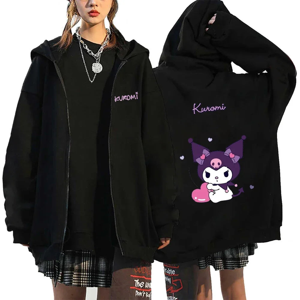 Moletom Feminino com Zíper, Estilo Kawaii Hello Kitty, Outono e Inverno 2024, Streetwear