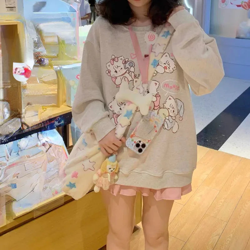 Outono Doce Y2k Estético Moletons Soltos para Mulheres, Estampa de Cartoons Kawaii, Suéteres Casuais Japoneses Harajuku Pullover Sudaderas