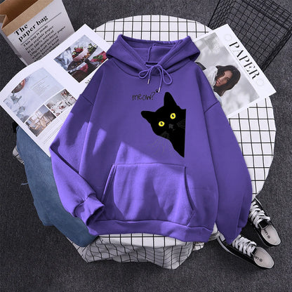 Moletom com Capô Gato Preto Grande Estilo Personalidade, Moletom Feminino Streetwear, Aconchegante para Inverno e Outono