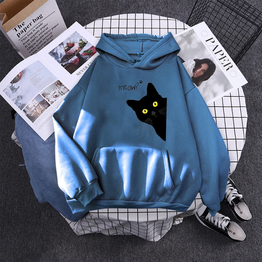 Moletom com Capô Gato Preto Grande Estilo Personalidade, Moletom Feminino Streetwear, Aconchegante para Inverno e Outono