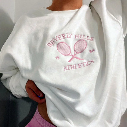 "Moletom Feminino Branco com Letras Bordadas, Estilo Esportivo, Pulôver Casual de Manga Longa, Leve e Retro, em Algodão para a Primavera"