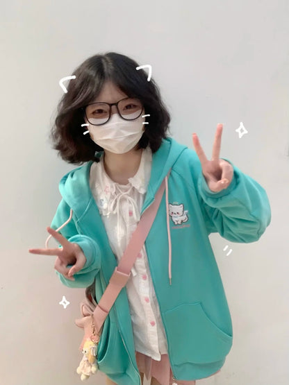 HOUZHOU Harajuku Kawaii Estilo Y2k Moletins Mulheres 2023 Estilo Japonês Com Orelhas de Gato Zíper Oversized Sweatshirts Jaqueta com Capô