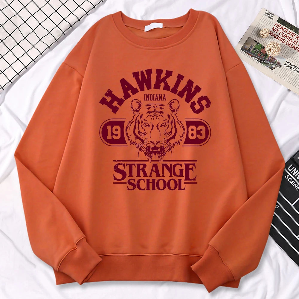 Moletom Casual Feminino Hawkins High School Indiana 1983 Impressão, Hoodies Soltos, Pulôveres com Gola Redonda, Roupas Quentes de Fleecy