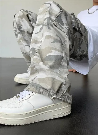 Calças Masculinas Cargo Camo Camufladas, Calças Masculinas Retas com Múltiplos Bolsos, Designer Hip Hop Street, Tendência Popular.