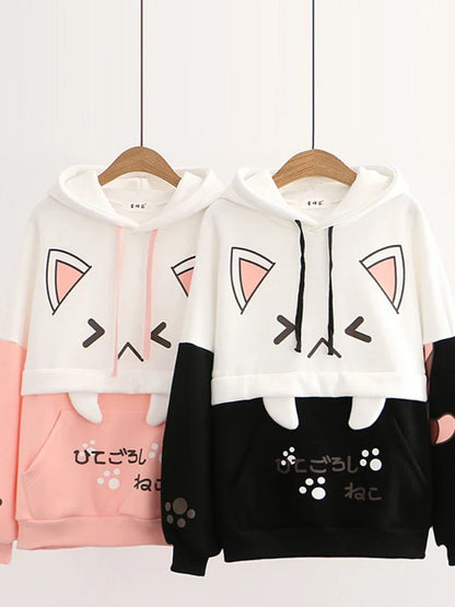 Moletom Harajuku Kawaii - Anime com Estampa de Gato, Manga Longa, Algodão e Fleece, Térmico e Aconchegante para o Inverno, Estilo Y2K para Meninas