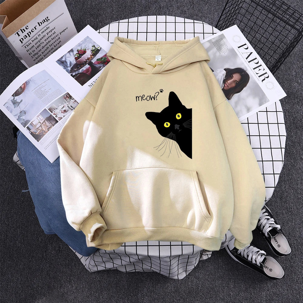 Moletom com Capô Gato Preto Grande Estilo Personalidade, Moletom Feminino Streetwear, Aconchegante para Inverno e Outono