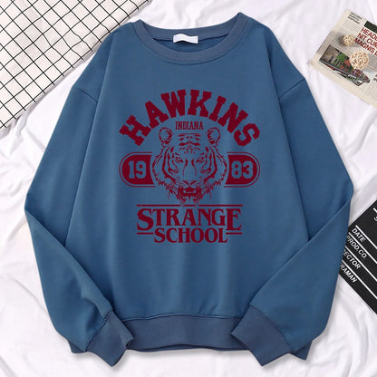 Moletom Casual Feminino Hawkins High School Indiana 1983 Impressão, Hoodies Soltos, Pulôveres com Gola Redonda, Roupas Quentes de Fleecy