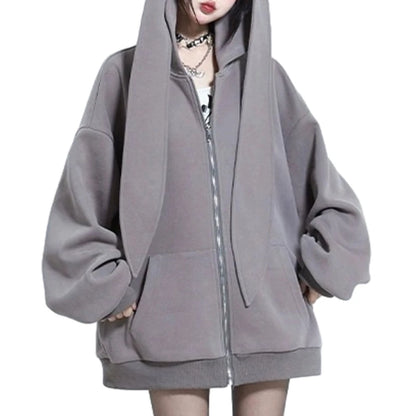 Casaco Feminino de Manga Longa Oversized com Capô de Orelhas de Coelho, Moletom com Zíper