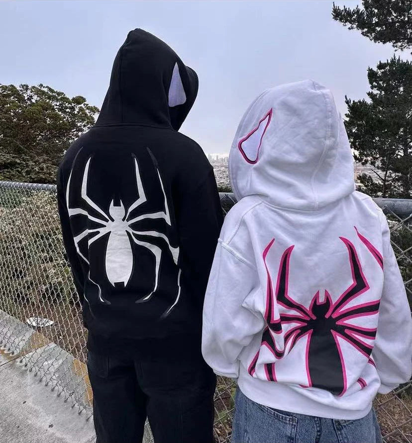 Moletom Y2K Masculino com Estampa de Aranha - Jaqueta Casual com Capô, Zíper, Manga Longa e Estilo Harajuku