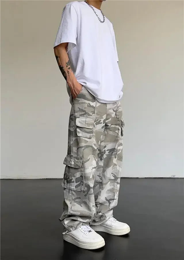 Calças Masculinas Cargo Camo Camufladas, Calças Masculinas Retas com Múltiplos Bolsos, Designer Hip Hop Street, Tendência Popular.