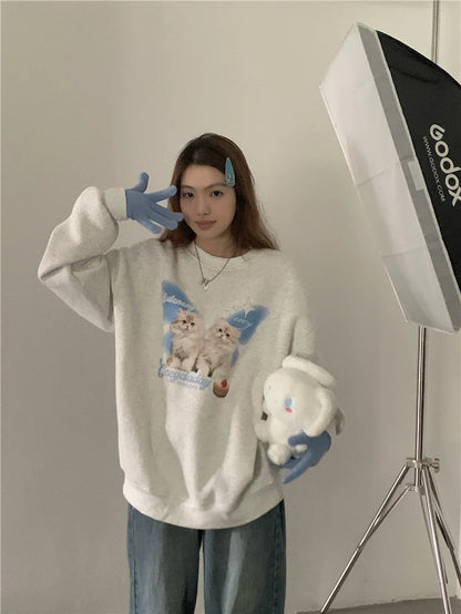 Moletom Estampado O-neck Chic e Doce para Mulheres, Roupas Estéticas de Cartoons Kawaii, Casual e Solto com Manga Longa, Top Y2K, Suéter Harajuku