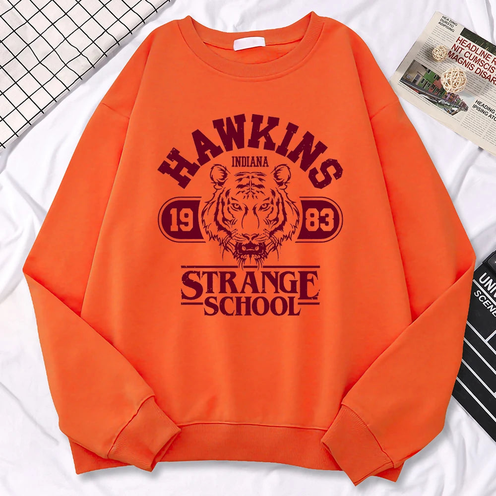 Moletom Casual Feminino Hawkins High School Indiana 1983 Impressão, Hoodies Soltos, Pulôveres com Gola Redonda, Roupas Quentes de Fleecy