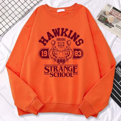 Moletom Casual Feminino Hawkins High School Indiana 1983 Impressão, Hoodies Soltos, Pulôveres com Gola Redonda, Roupas Quentes de Fleecy