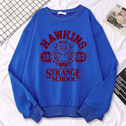 Moletom Casual Feminino Hawkins High School Indiana 1983 Impressão, Hoodies Soltos, Pulôveres com Gola Redonda, Roupas Quentes de Fleecy