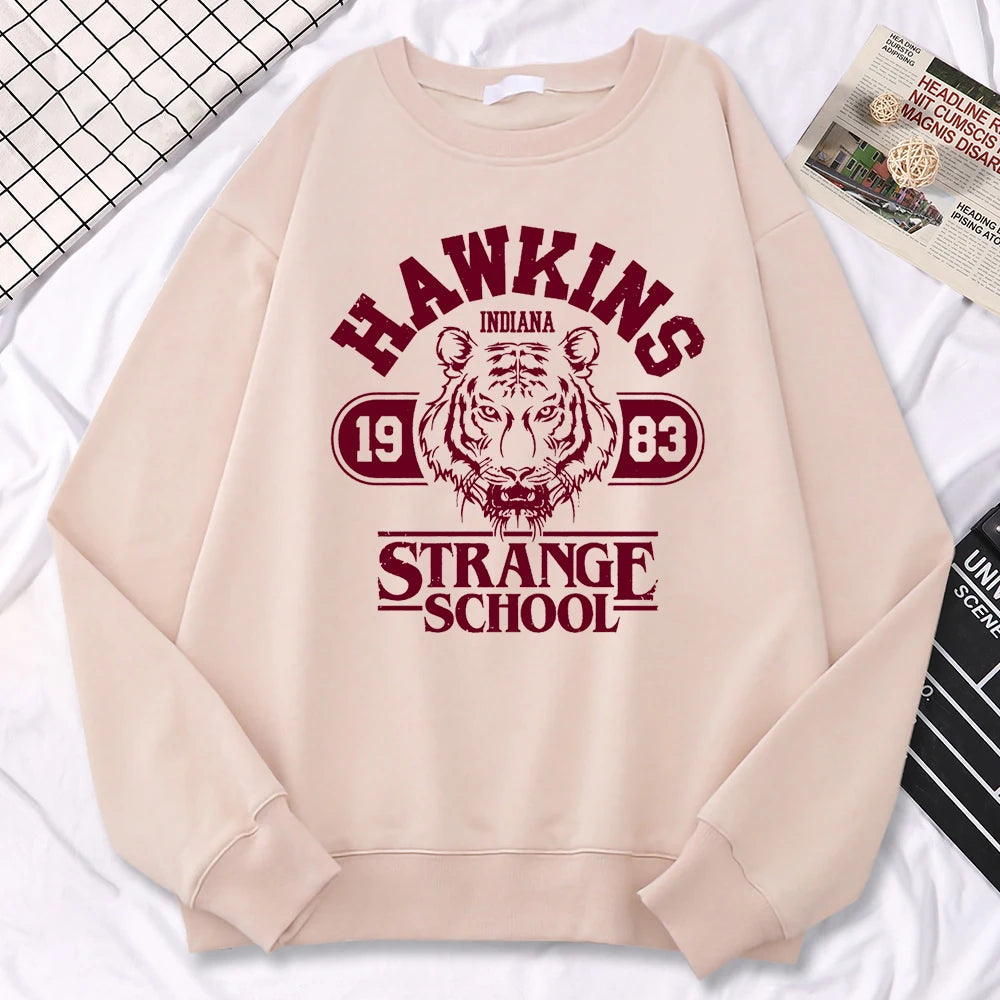 Moletom Casual Feminino Hawkins High School Indiana 1983 Impressão, Hoodies Soltos, Pulôveres com Gola Redonda, Roupas Quentes de Fleecy