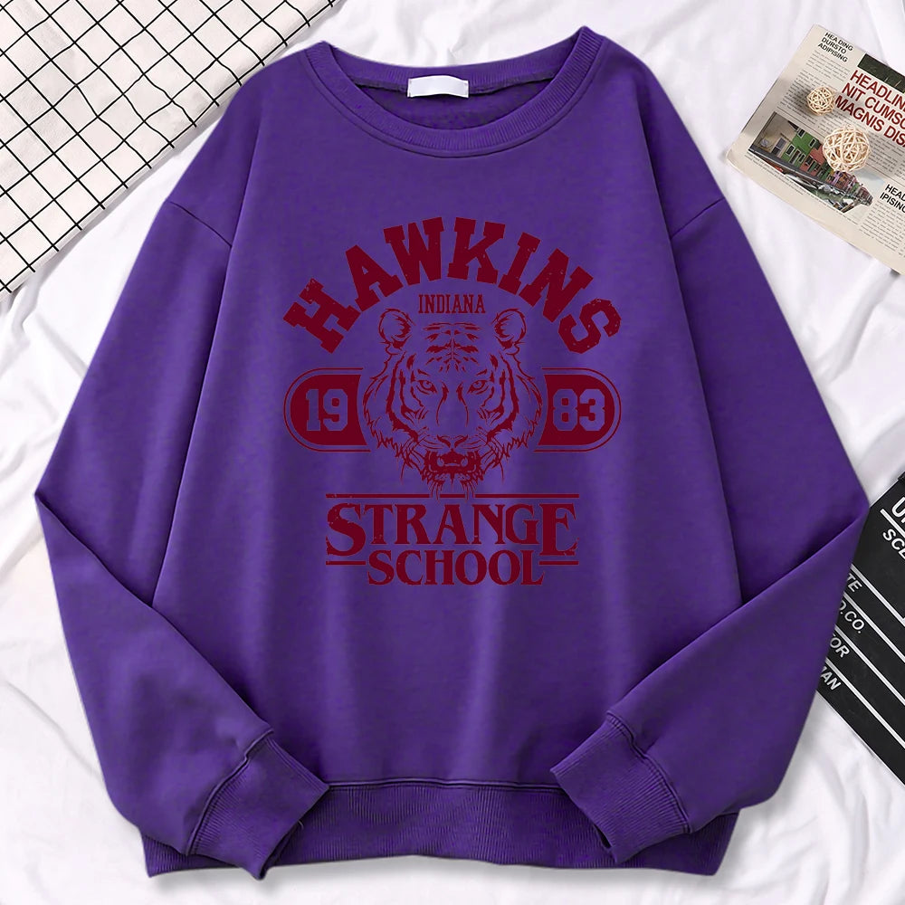 Moletom Casual Feminino Hawkins High School Indiana 1983 Impressão, Hoodies Soltos, Pulôveres com Gola Redonda, Roupas Quentes de Fleecy