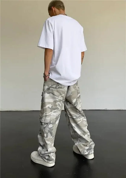 Calças Masculinas Cargo Camo Camufladas, Calças Masculinas Retas com Múltiplos Bolsos, Designer Hip Hop Street, Tendência Popular.