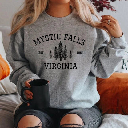 Moletom Unisex Mystic Falls Virginia - Sweatshirt Fan de Vampire, Estilo Salvatore Brothers, Manga Longa, Casual e Confortável