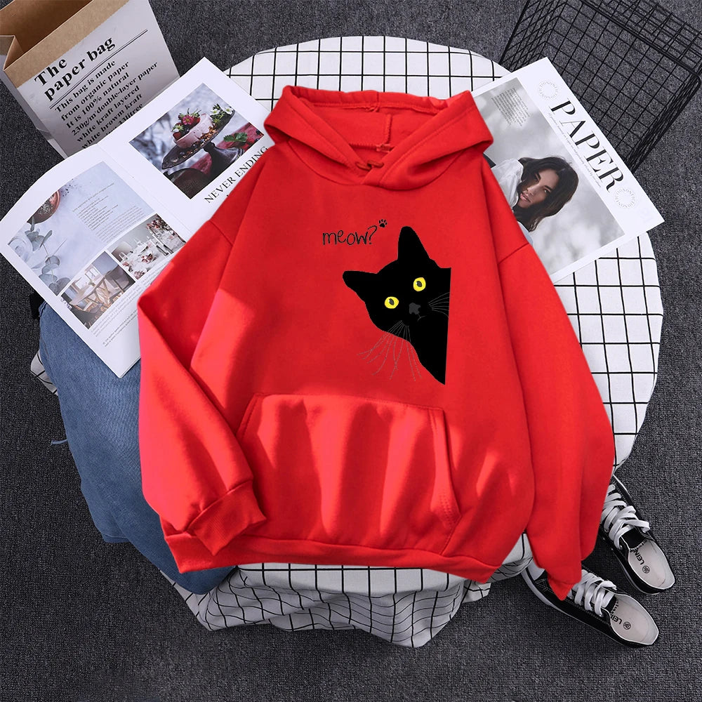 Moletom com Capô Gato Preto Grande Estilo Personalidade, Moletom Feminino Streetwear, Aconchegante para Inverno e Outono