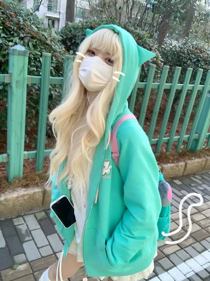 HOUZHOU Harajuku Kawaii Estilo Y2k Moletins Mulheres 2023 Estilo Japonês Com Orelhas de Gato Zíper Oversized Sweatshirts Jaqueta com Capô