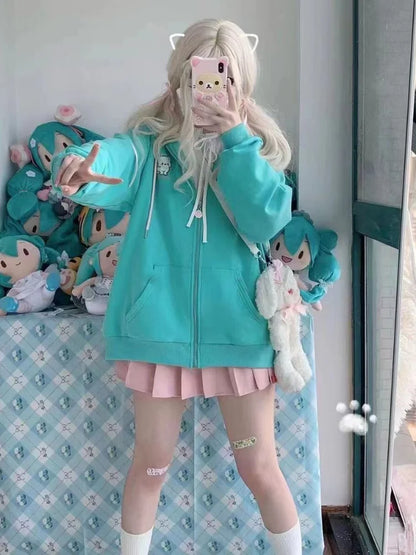 HOUZHOU Harajuku Kawaii Estilo Y2k Moletins Mulheres 2023 Estilo Japonês Com Orelhas de Gato Zíper Oversized Sweatshirts Jaqueta com Capô