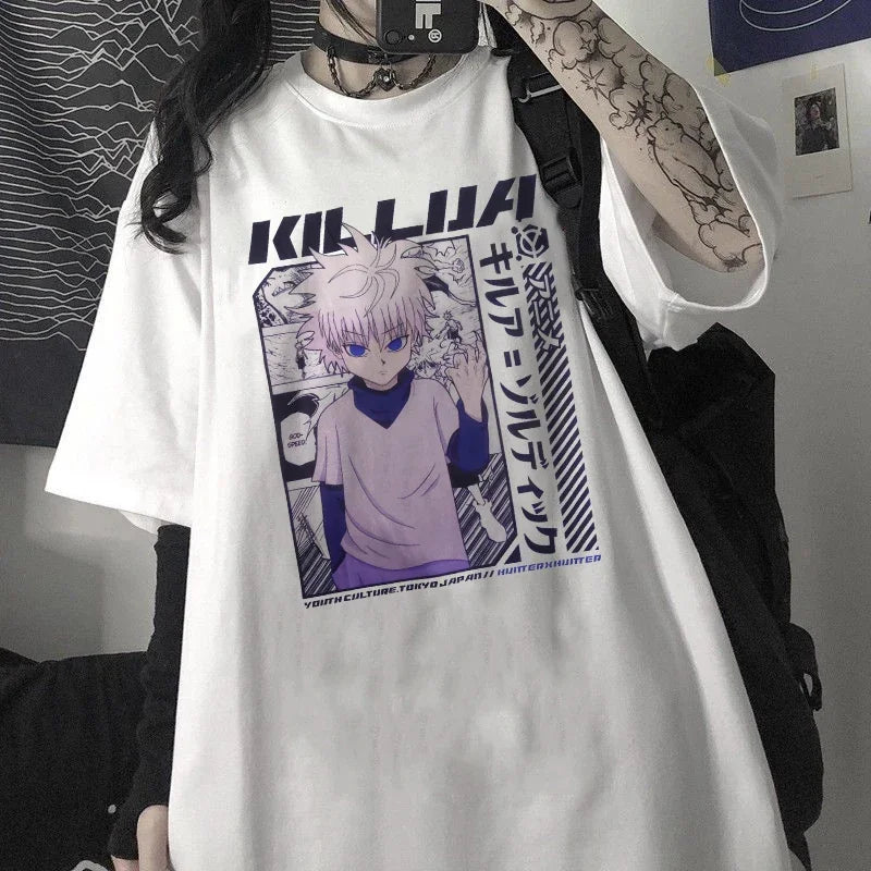 Camiseta Estilo Kawaii Hunter para Meninos e Meninas, T-shirt Killua, Gola Careca, Modelagem Confortável, Camiseta Anime Oversized Manga Curta