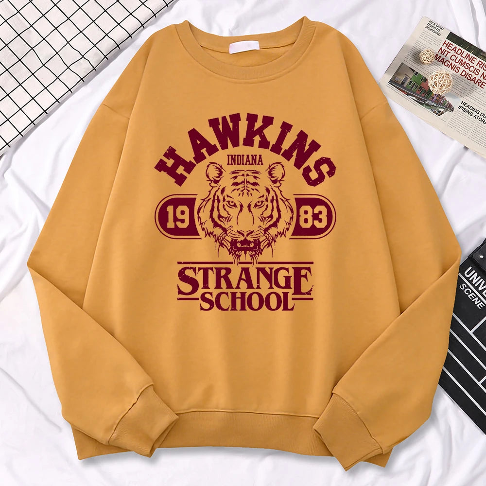 Moletom Casual Feminino Hawkins High School Indiana 1983 Impressão, Hoodies Soltos, Pulôveres com Gola Redonda, Roupas Quentes de Fleecy